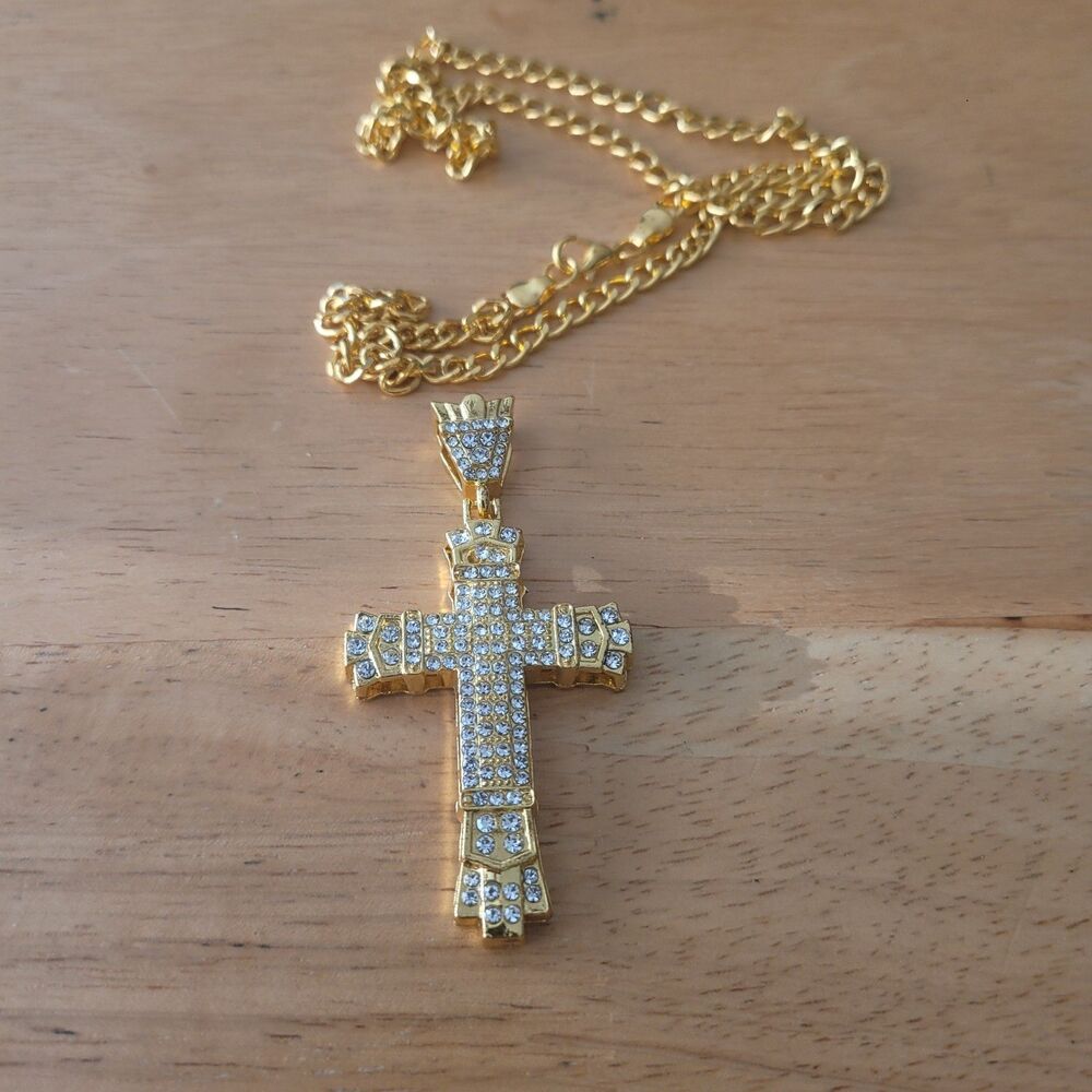 Gold Tone Cross Necklace With Rhinestones